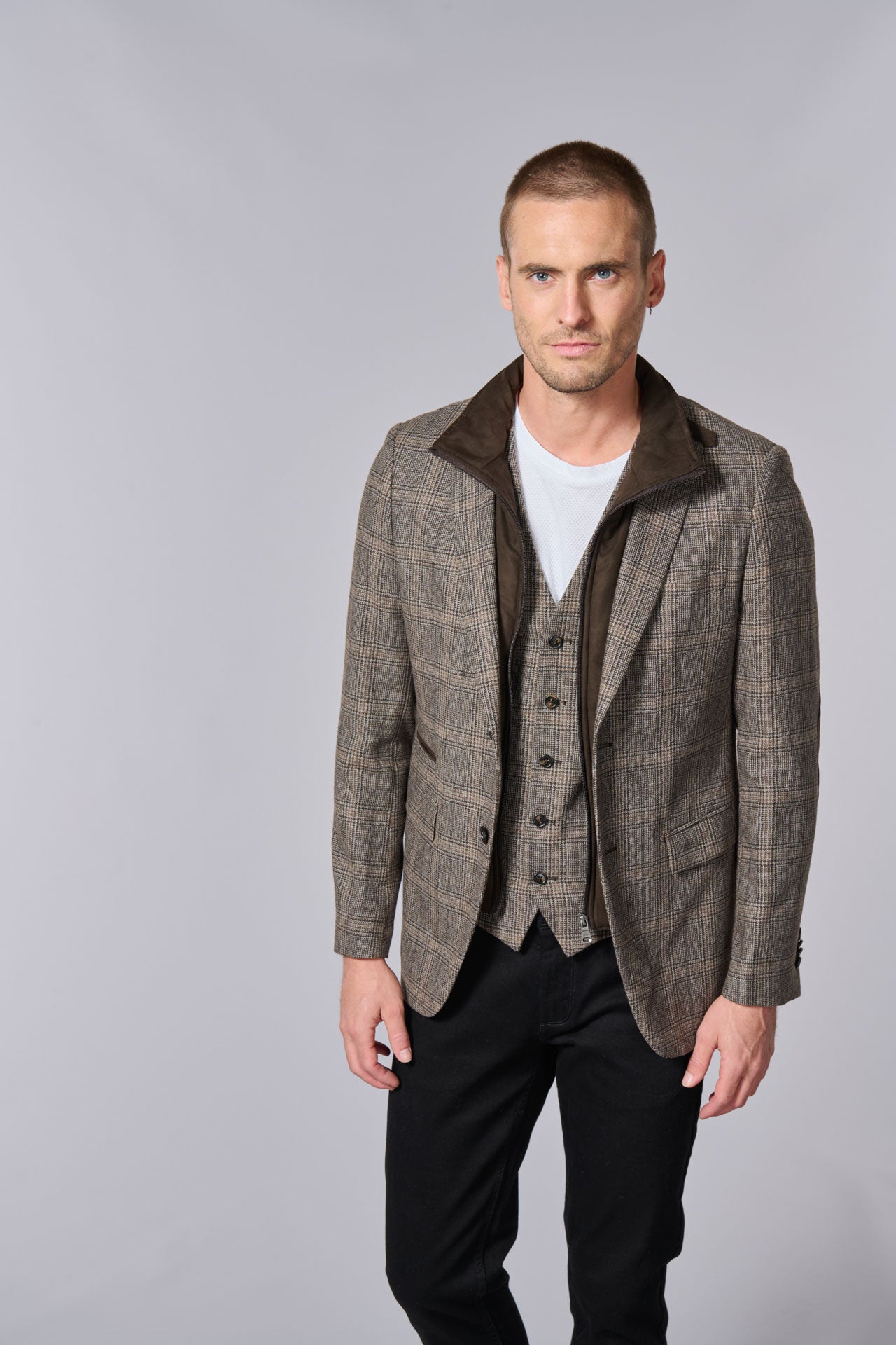 Prince de galles plastron amovible en suédine — Veste souple Jerem, poche poitrine, boutons de poignet
