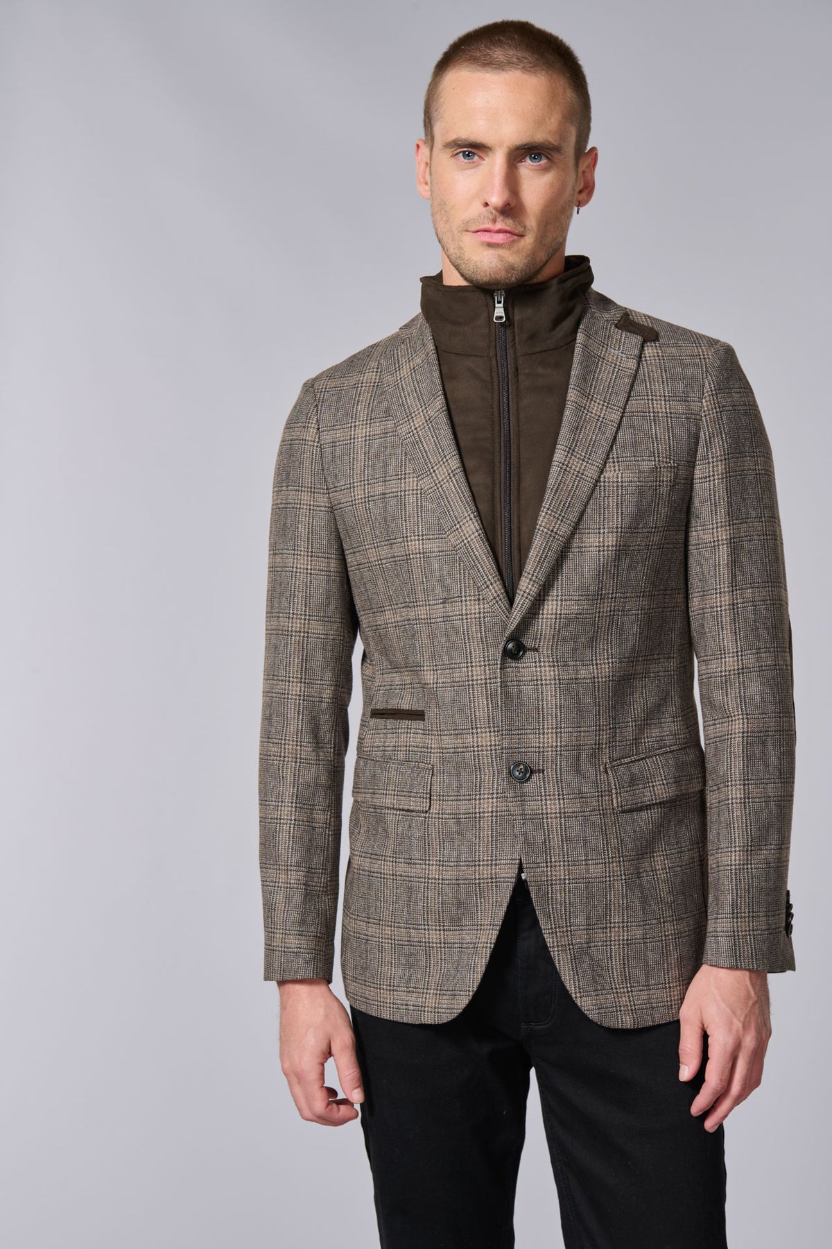 Veste souple en prince de galles plastron amovible en suédine Jerem, entièrement doublée, poches passepoilées à rabat, poc...
