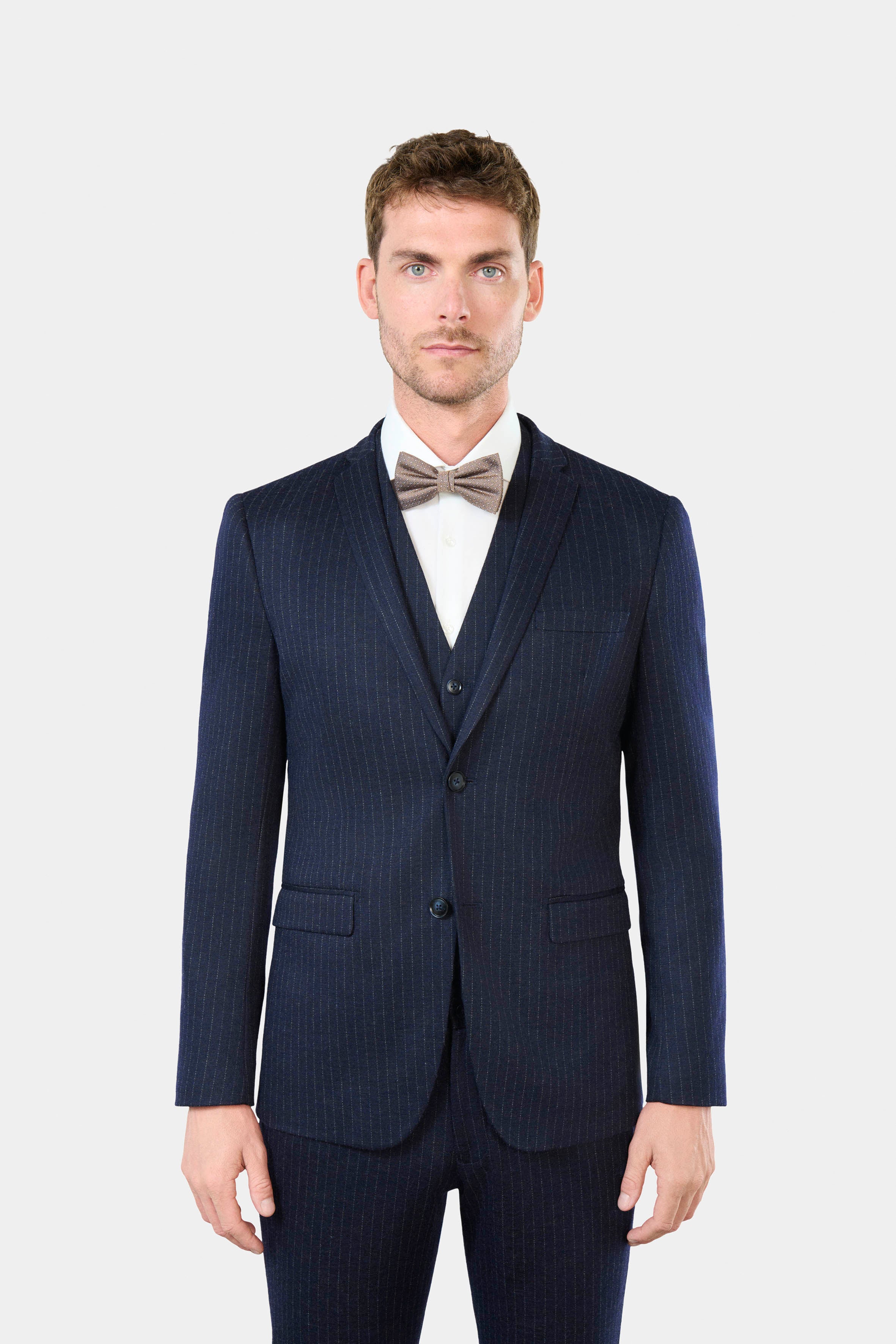 Veste de costume extra-slim en maille de laine mélangée rayures craie Jerem, poche poitrine, simple boutonnage, boutons de...