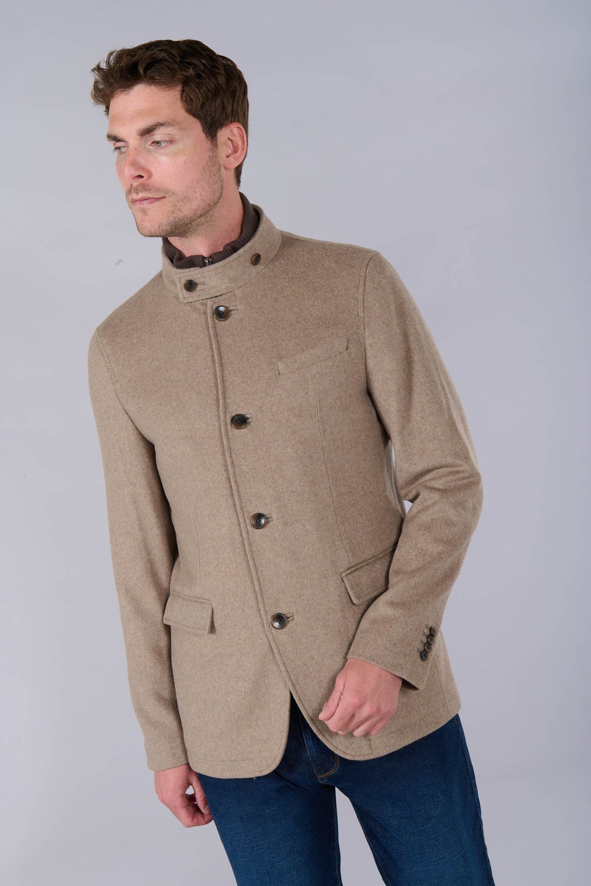 Laine mélangée — Veste col officier Jerem, simple boutonnage, boutons de poignet