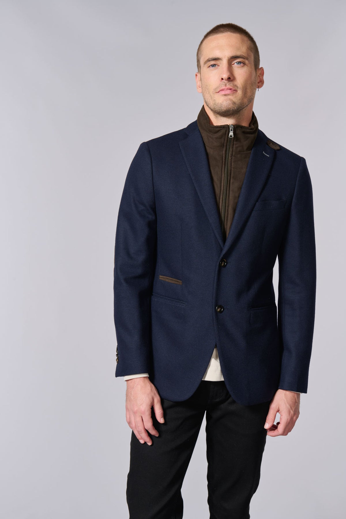 Veste, laine brossée et plastron amovible en suédine Jerem, poches passepoilées à rabat, poche poitrine