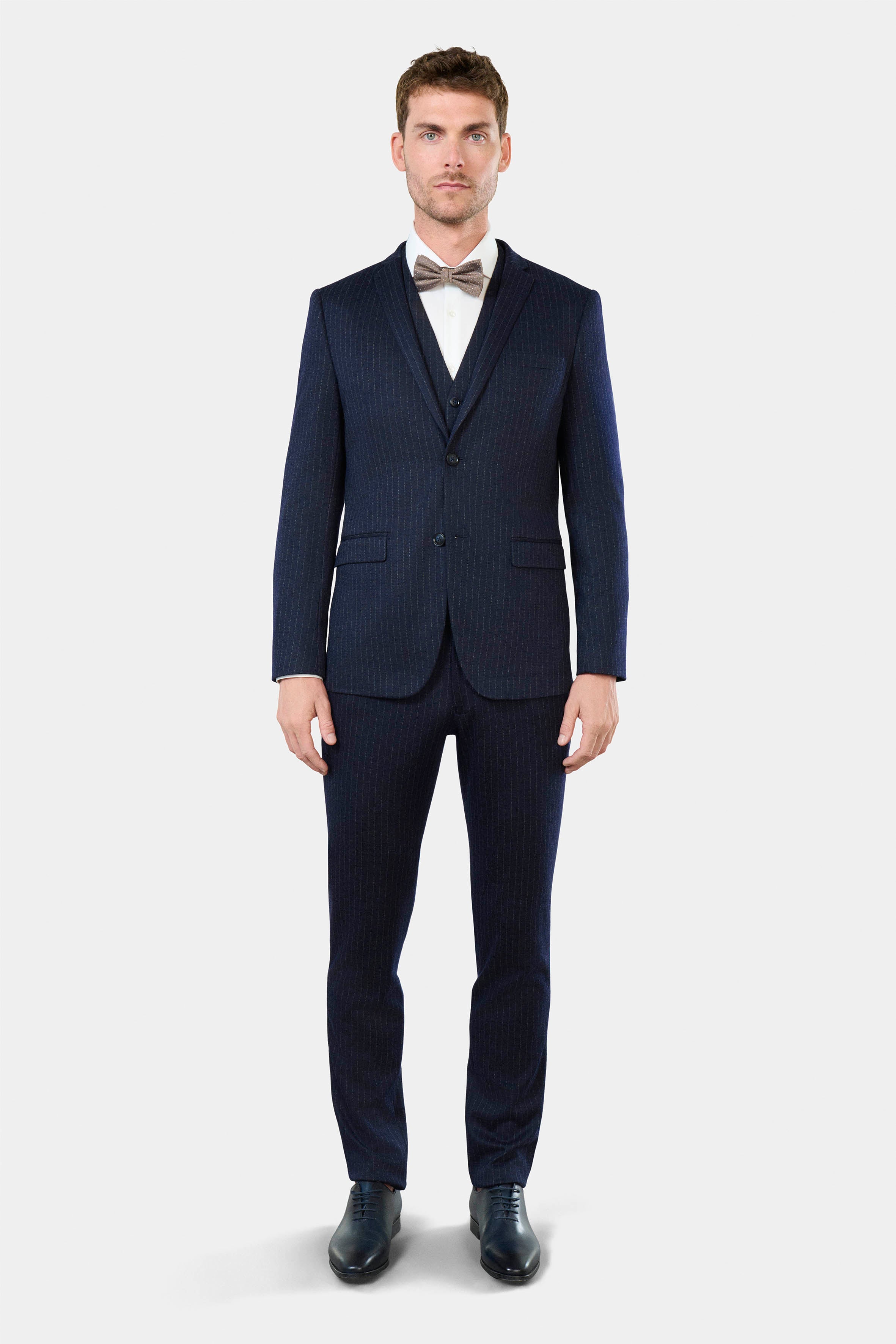 Veste de costume extra-slim, maille de laine mélangée rayures craie Jerem, simple boutonnage, boutons de poignet