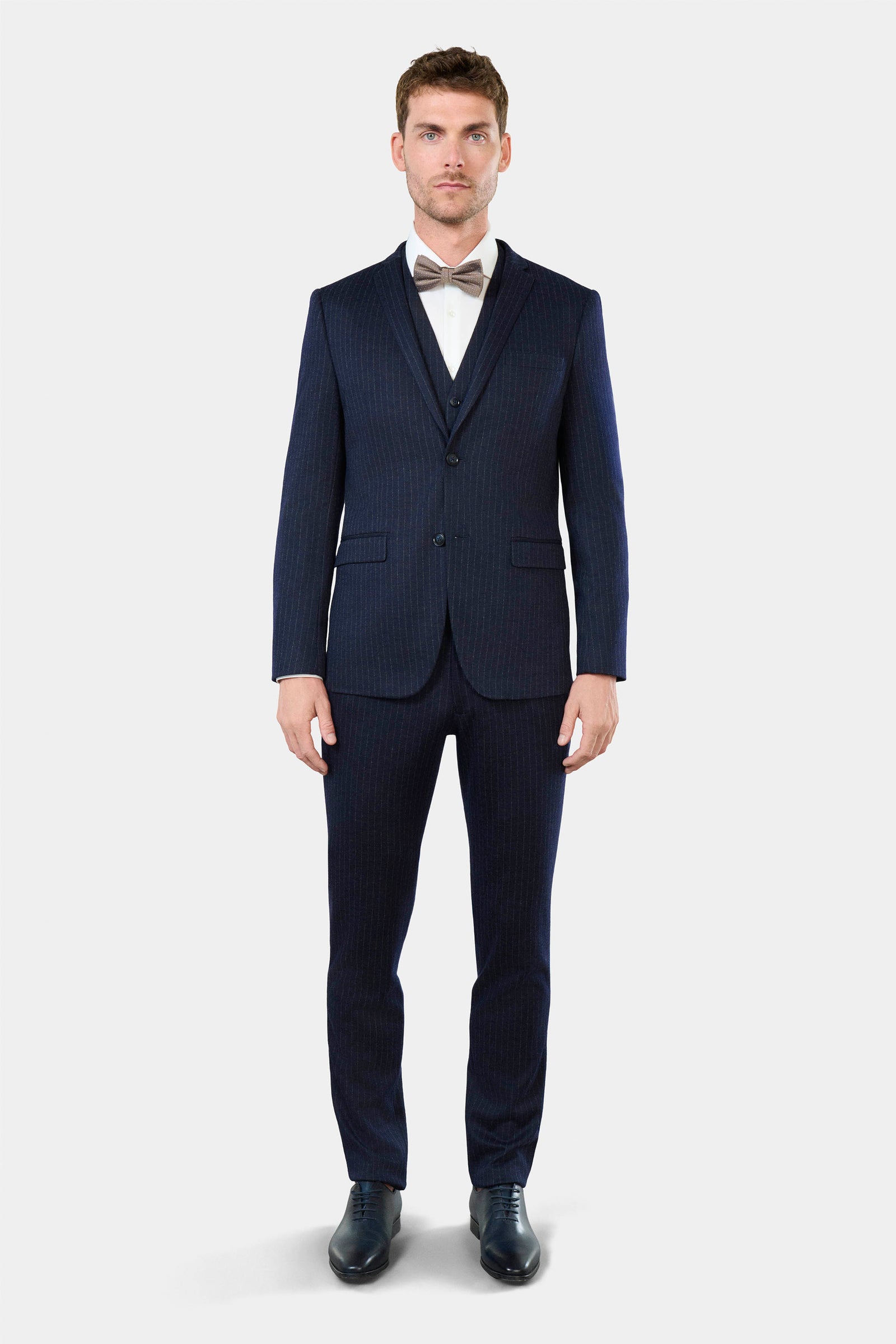 Veste de costume extra-slim, maille de laine mélangée rayures craie Jerem, simple boutonnage, boutons de poignet